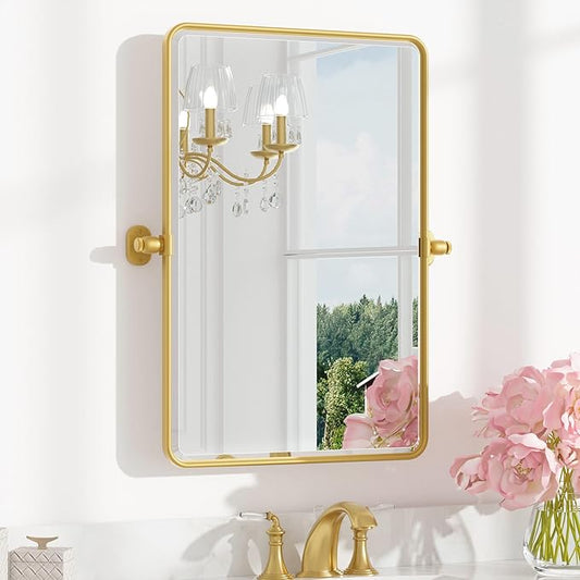 Keonjinn Brushed Gold Pivot Mirror Bathroom, 20x30 in Tilt Mirror Bathroom for Over Sink, Rounded Corner Modern Pivot Rectangle Mirrors, Metal Framed Beveled Bathrooms Mirror (Horizontal/Vertical)