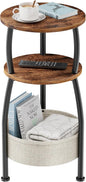 Round Side Table for Small Spaces with Storage Basket –Small End Table 3-Tier Night Stand Sofa Corner Table for Living Room, Bedroom, Patio and More 24in Tall Rustic Brown