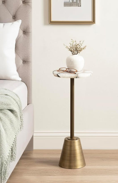 Kate and Laurel Tira Elegant Wavy Round Drink Table, 10 x 10 x 24, Natural Agate and Antique Brass, Vintage Scalloped Circular Mini Table with One-of-a-Kind Stone Tabletop for Indoor Plant Stand