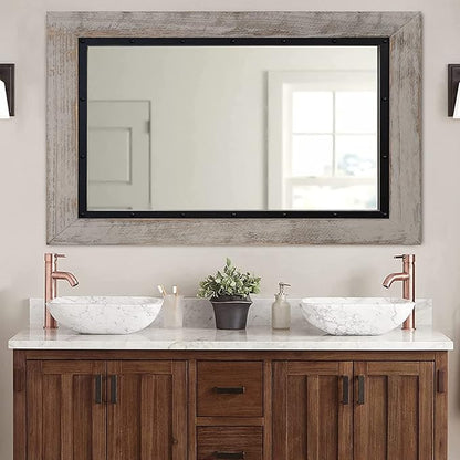 YOSHOOT Rustic Wooden Framed Wall Mirror, Natural Wood and Iron Bathroom Vanity Mirror for Farmhouse Decor, Vertical or Horizontal Hanging, 60" x 30", Grey
