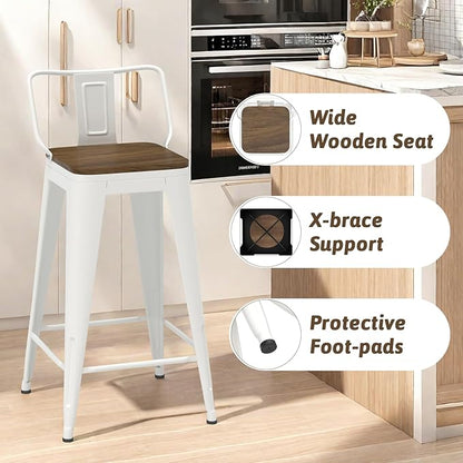 30 Inch Swivel Bar Stools Set of 4, Counter Height Bar Stools with Low Back, Metal Industrial Bar Chairs for Kitchen Island (White)