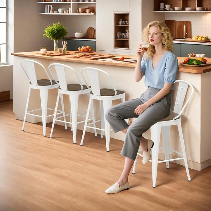 24” Swivel Bar Stools Set of 4, Counter Height Bar Stools Wooden Seat, Metal Industrial Bar Chairs with High Back for Kitchen Island (White)