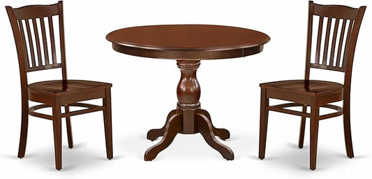East West Furniture HBGR3-MAH-W 3 Piece Dining Room Table Set Contains a Round Kitchen Table with Pedestal and 2 Dining Chairs, 42x42 Inch, Mahogany