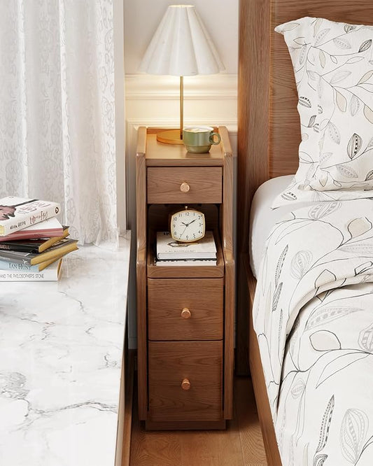Narrow Nightstand with 3 Drawers,Solid Wood Small Nightstand Walnut, Modern Small Bedside Tables for Bedroom(Fully Assembly)
