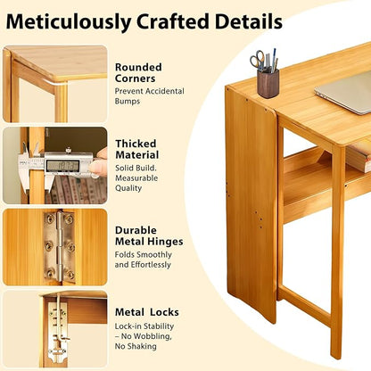 31.5" Bamboo Folding Desk,Space-Saving Computer Desk for Small Spaces, Foldable Study Table for Bedroom, Home Office, Dorm, Apartment（Natural）