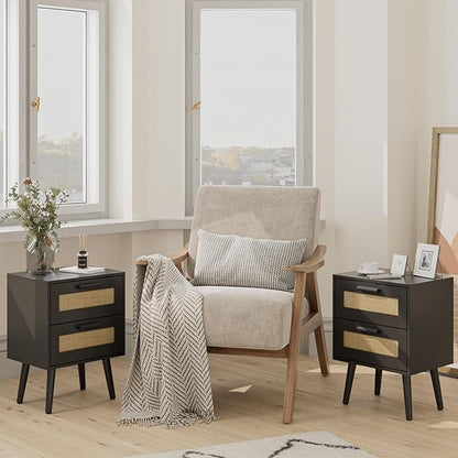Masupu Rattan Night Stand, Modern nightstand Boho Bedside Table with 2 Drawer,Small End Side Table for Bedroom,Living Room,Office,Black