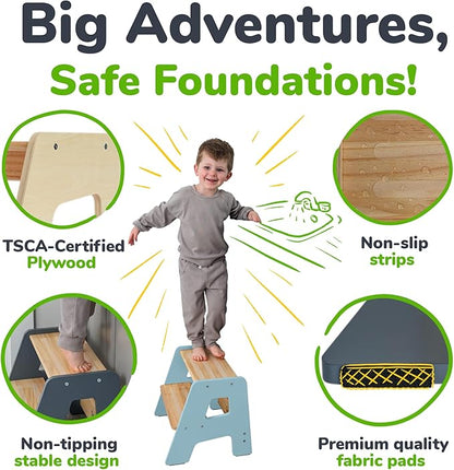 2-Step Wooden Step Stool for Toddlers | Kids Stool for Bathroom Sink & Kitchen Use | Non-Slip Step | Wooden Stool for Children Ages 2+ Years Blue