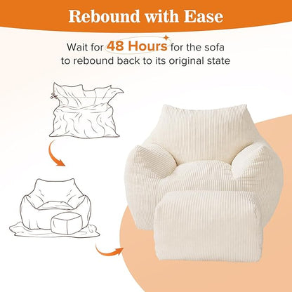 Big Bean Bag Chair for Adults & Kids, Ultra Soft Living Room Bean Bag with Armrests & Ottoman, Stuffed BeanBag Floor Sofa for Napping, Gaming, Lounging, Beige