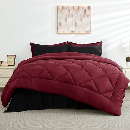 HEVUMYI Red & Black Twin Comforter Set - 5-Piece All Season Bed in a Bag Twin, Ultra Soft Burgundy Bedding Set with Comforter, Flat Sheet, Fitted Sheet, Pillowcases, Pillow Shams, Burgundy Red & Black