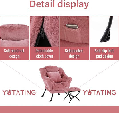 Lazy Chair with Ottoman, Comfy Reading Lounge Chair with Footstool & Throw Pillow Modern with Armrests & Side Pocket for Living Room, Bedroom, Dorm Room, Plush Dark Pink