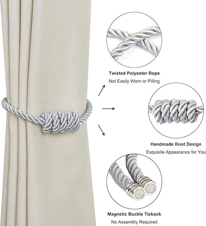 BEL AVENIR Magnetic Curtain Tiebacks, Decorative Drapery Holdbacks Modern Woven Tie-Backs with Exquisite Knot (Sliver, 6 Pack)