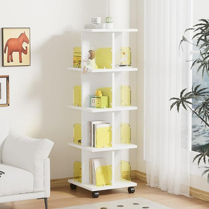 VECELO Rotating Bookshelf with Brake Wheels, 360°Display 4 Tier Floor Stackable Spinning-Bookshelf Tower for Kids&Adults, Revolving Bookcase for Small Space,Corner(White)