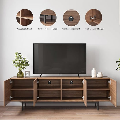 POVISON Full Assembled Mid-Century Modern TV Stand with Slatted Doors, Wood Media Console for 65-75 Inch TV, TV Console with Tall-cast Metal Legs, Entertainment Center with Storage for Living Room