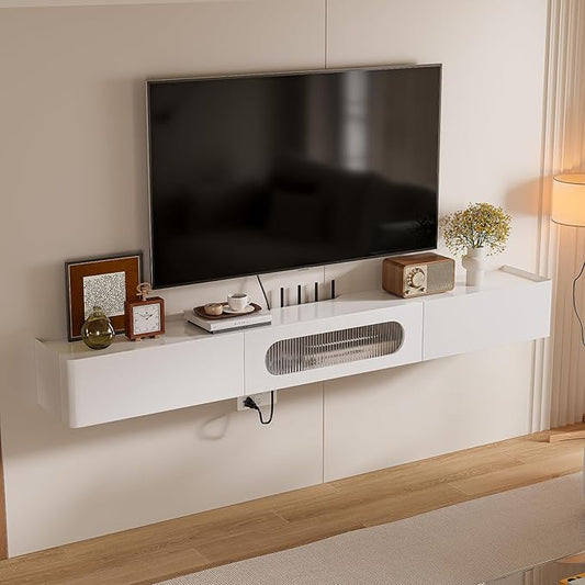 Floaticase Floating TV Stand, 55IN Fully Assembled Hign Gloss Wall Mounted Entertainment Center with Flip-Down Door & Drawers, Under TV Shelf with Large Storage for Living Room, Bedroom