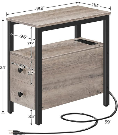 HOOBRO Set of 2 End Tables with Charging Station, Narrow Side Table with Drawers & USB Ports & Power Outlets, Nightstand for Small Spaces, Living Room, Stable, Greige and Black BG541BZP201