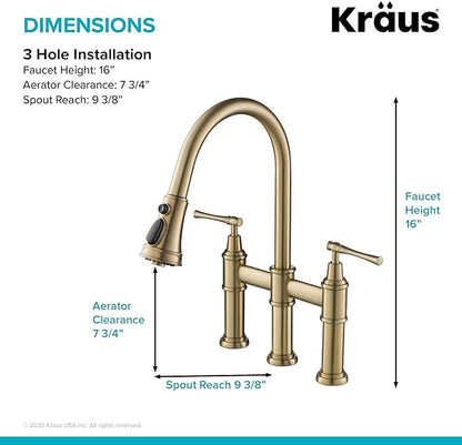 KRAUS Allyn Transitional Bridge Kitchen Faucet with Pull-Down Sprayhead in Brushed Gold, KPF-3121BG