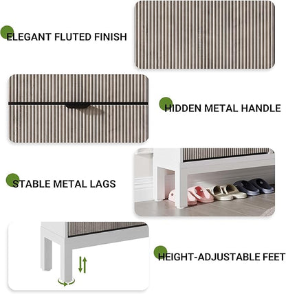 GarveeHome Fluted Shoe Storage Cabinet with 4 Flip Drawers, Narrow Wooden Shoe Organizer with Metal Legs, Modern Farmhouse Hidden Shoe Rack for Entryway, Hallway, White+Gray