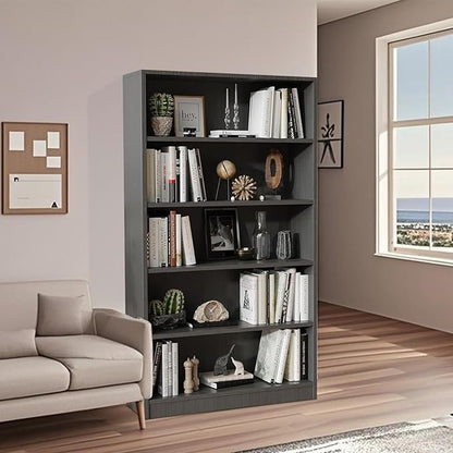 Wooden Bookshelf with Adjustable Shelves, 5 Tier Tall Bookcase for Living Room, Office or Small Spaces,Heavy Dute Bookshelves Storage Organizer, Manga Bookshelf for Collectors,60 Inch,Gray