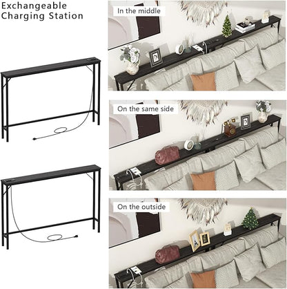 Tohomeor Skinny 5.9" Console Table 47.24" Narrow Long Sofa Table with Power Outlets USB Ports Industrial Wooden Entry Table for Entryway Living Room Hallway (L-94.4xW-5.91, Charcoal)