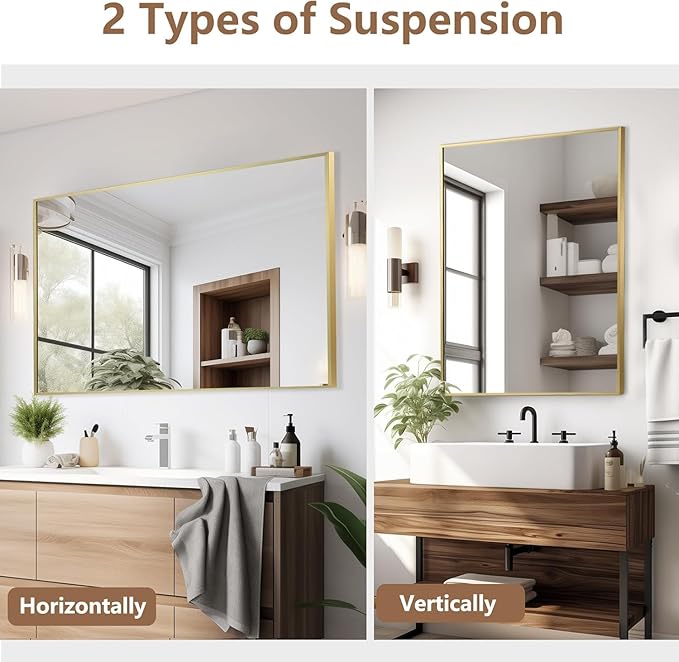 Gold Bathroom Mirror, 16"x24" Rectangle Mirror, Brushed Gold Mirror, Metal Frame Square Corner Vanity Mirror, Wall Mounted Mirror for Modern, Living Room, Bedroom, Horizontal Or Vertical