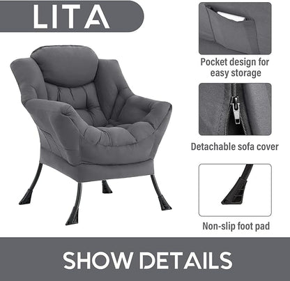 LITA Lazy Chair with Ottoman, Modern Accent Leisure Upholstered Sofa, Contemporary Lounge Reading Chair with Armrests and a Side Pocket for Living Room, Bedroom & Small Space, Single Dark Grey