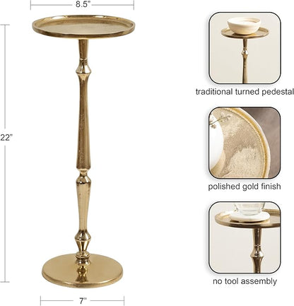 Kate and Laurel Carling Traditional Metal Round Drink Table, 9 x 9 x 22, Gold, Vintage Cast Aluminum Accent Table with Unique Spindle Design for Use as Indoor Plant Stand or Living Room Decor Piece