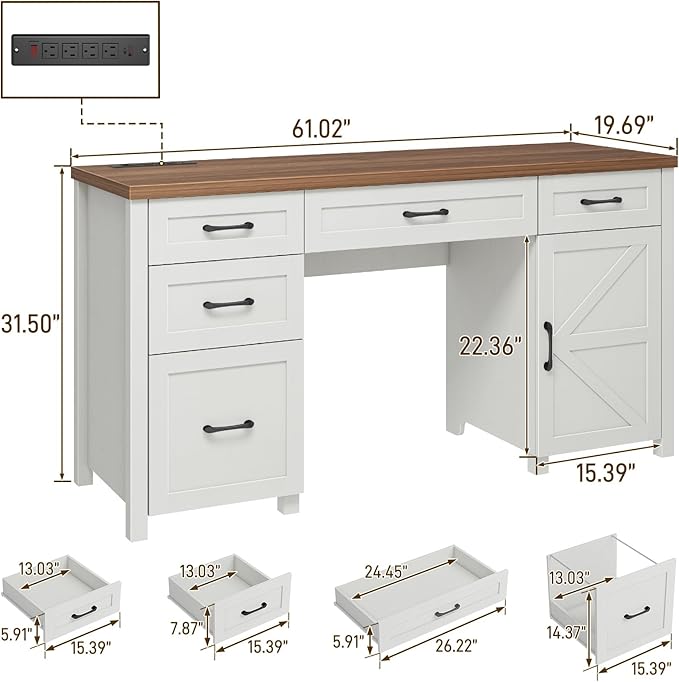 Farmhouse 61'' Executive Desk with 5 Drawers, Rustic Office Desk Computer Desk with Charging Station, File Drawers and Storage Cabinet, Wood Workstation for Home Office and Study.(Brown Top)