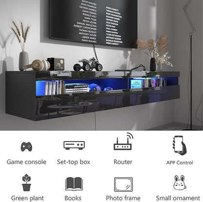 Floating TV Stand with Led Lights, 71 inch Wall Mounted TV Shelf with Power Outlet, Modern Entertainment Center Media Console with Storage Cabinet, Up to 80 Inch TVS, Black