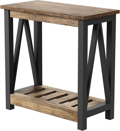 ChooChoo Farmhouse End Table, Narrow Side Table, Slim End Table with Storage Shelf for Small Spaces for Living Room, Bedroom Rustic Oak & Black