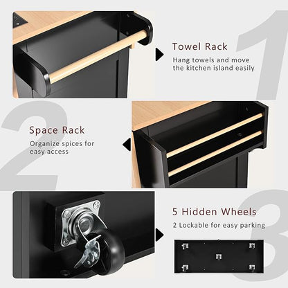 56" Large Kitchen Island with 2 Drop Leafs,Rolling Kitchen Cart on 5 Wheels W/Power Outlet & 3 Drawers,Folding Storage Dining Table W/Spice & Towel Racks,for Kitchen,Dining Room,Black