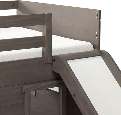 Max & Lily Loft Bed Twin Size, Solid Wood Low Loft Bed with Slide and Ladder, Modern Farmhouse Loft Bed for Kids, Driftwood