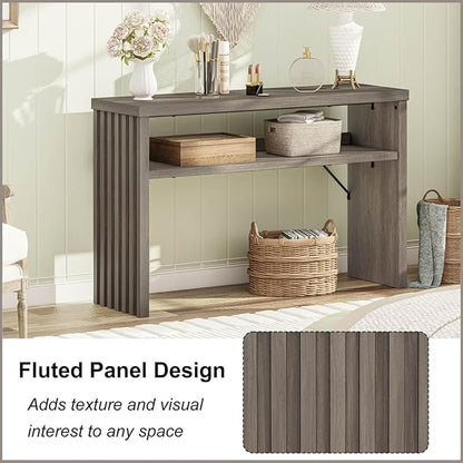 BON AUGURE Sofa Console Table, Wood Entryway Table, Grey Behind Couch Tables with Open Storage, Modern Narrow Hallway Tables (Greige Oak, 47 Inches)