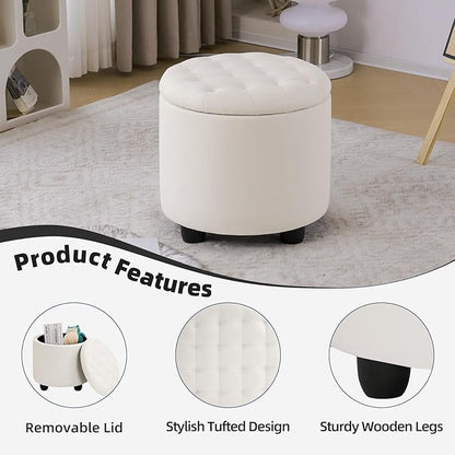 Furniliving Upholstered Button Tufted Round Ottoman, PU Storage Ottoman Round, Removable Lid Convenient Footstools, Classic Ottoman with Storage for Vanity, Nursery Room，IvoryWhite