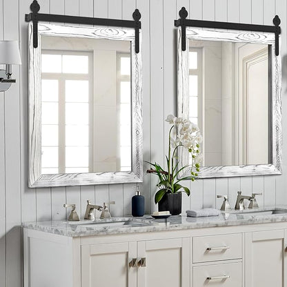 YOSHOOT Farmhouse Barn Door Mirror, 32"x24" Rustic Wood Framed Wall Mounted Vintage Mirror, Wooden Farmhouse Style for Bathroom Living Room Entryway, White, Vertical Hanging ONLY