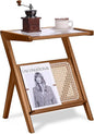 Tiita Rattan Side Table, Mid Century Nightstand, Bamboo Accent Bedside Tables, Glass Coffee Tables, Boho Wooden End Table with Storage for Small Space, Living Room and Bedroom