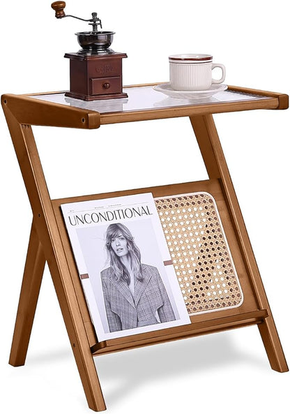 Tiita Rattan Nightstand Side Table, Bamboo Accent Bedside Tables, Glass Coffee Tables, Boho Wooden End Table with Storage for Small Space, Living Room and Bedroom