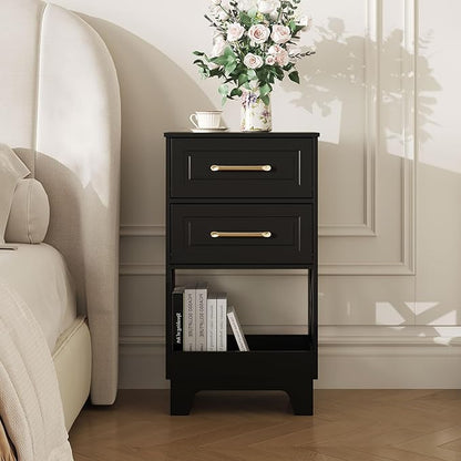 Tall Nightstand Set of 2 Side Table with 2 Drawers Modern Night Stand Wooden End Table Bedside Table with Below Open Shelf Solid Feet for Bedroom, Living Room, Black
