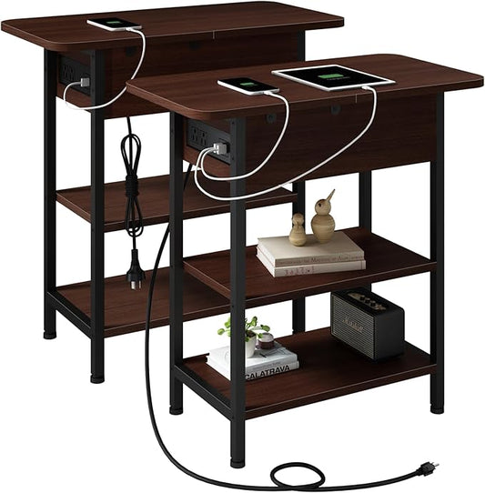LIDYUK End Table with Charging Station, Flip Top Narrow Side Table for Small Spaces, Nightstands Set of 2 for Bedroom, End Tables Living Room Set of 2 with Storage Shelf, Cherry