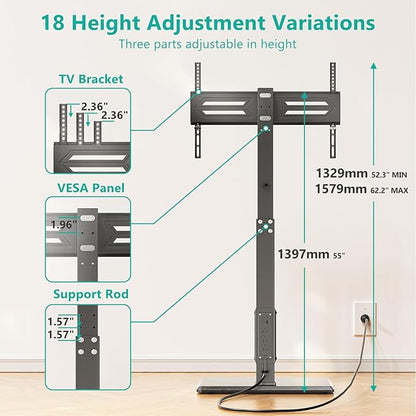WALI Floor TV Stand with Power Outlet, Tall TV Stand Mount for 32-75 inch TV up to 110 lbs, Swivel and Height Adjustable TV Stands with Wood Base for Bedroom, Office(TVDVD-7P), Black