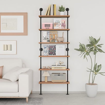 Pipe Industrial Shelves, Wall Mounted Wood Metal Ladder Rustic Bookshelf (Weathered Brown, 6 Tier - 10" D x 30" W x 82.5" H)