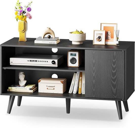 WLIVE TV Stand for 43 Inch TV, Small Entertainment Center with Storage Cabinet & Adjustable Shelves, Mid-Century Modern TV Stands for Living Room and Bedroom, 32" TV Console, Black