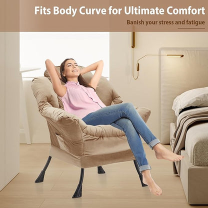Lazy Chair Thick Padded, Comfy Velvet Accent Lounge Chair with Stable Frame, Leisure Sofa Armchair with Armrests and Side Pocket, Reading Chair for Bedroom, Living Room, Office, Khaki