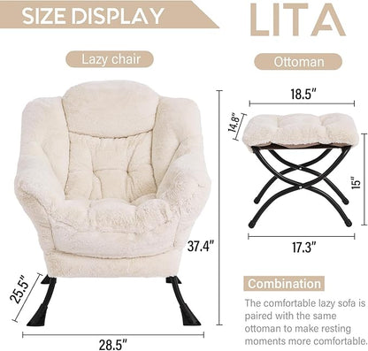 LITA Lazy Chair with Ottoman, Modern Accent Leisure Upholstered Sofa Chair, Lounge Reading Chair with Armrests and a Side Pocket for Living Room, Bedroom & Small Space, Plush Beige