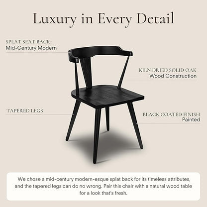 POLY & BARK Mid Century Modern Enzo Black Dining Chair – Solid Oak Wood Splat Back Chair, 18" Seat Height, 32" Tall – Stylish MCM Kitchen & Dining Room Chair - Set of 4