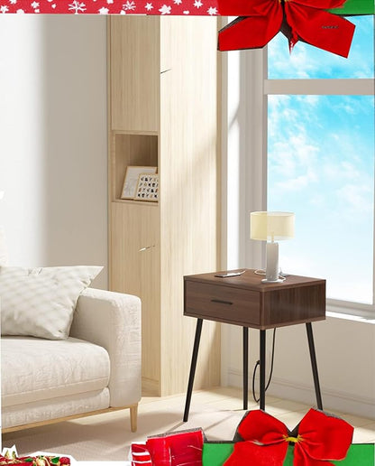 HAIOOU Mid Century End Table with Charging Station, Modern One Drawer Nightstand Side Table with Premium Matte Black Handle and Pine Wood Legs for Home Bedroom Living Room