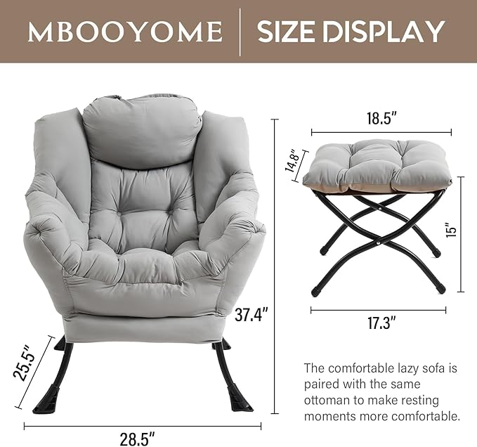 Lazy Chair with Folding Ottoman, Modern Accent Lounge Armchair with Armrests and a Side Pocket & Foldable Footstool, Leisure Reading Chair for Living Room, Bedroom, Dorm & Office, Light Grey