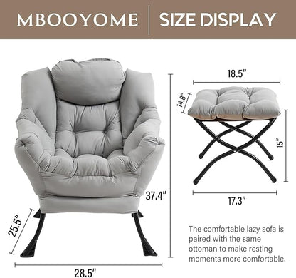 Lazy Chair with Folding Ottoman, Modern Accent Lounge Armchair with Armrests and a Side Pocket & Foldable Footstool, Leisure Reading Chair for Living Room, Bedroom, Dorm & Office, Light Grey