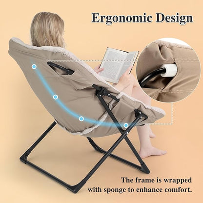 Comfy Saucer Chair for Adults, Soft Faux Fur Bedroom Chair, Accent Dorm Chairs, Flexible Living Room Reading Chairs, Oversized Folding Lounge Seat for Teens, X-Large, Light Khaki