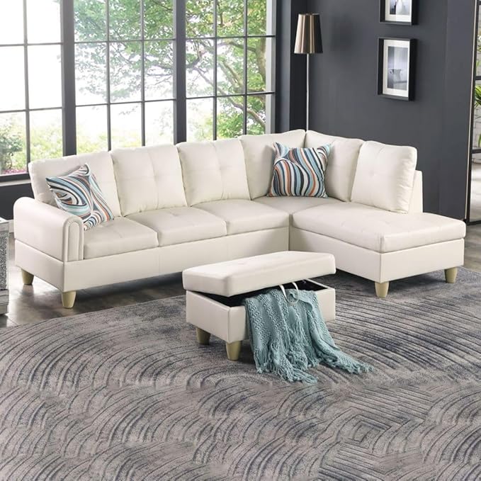 Pearl White L-Shaped 3-Piece Faux Leather Sofa with Storage Ottoman Set, Sectional Couch Sofa Set for Living Room, Office, Small Space