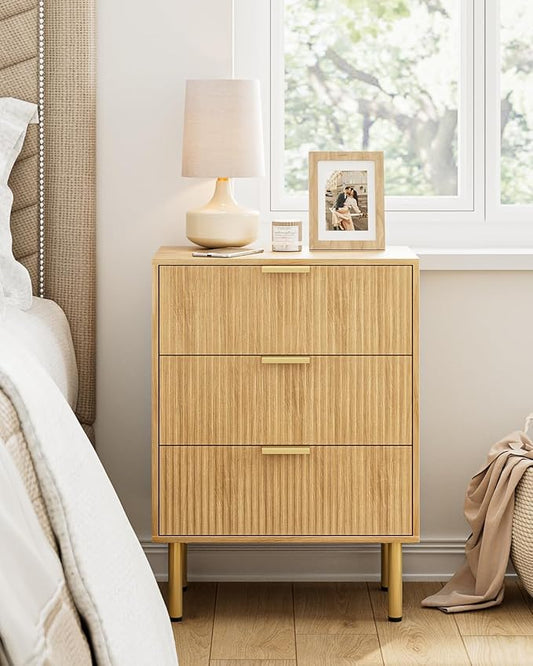 Night Stand,Tall Bedside Table with 3Storage Drawers,Oak Nightstand,Bedside Furniture,Side Table with Gold Frame,End Table for Bedroom,Living Room